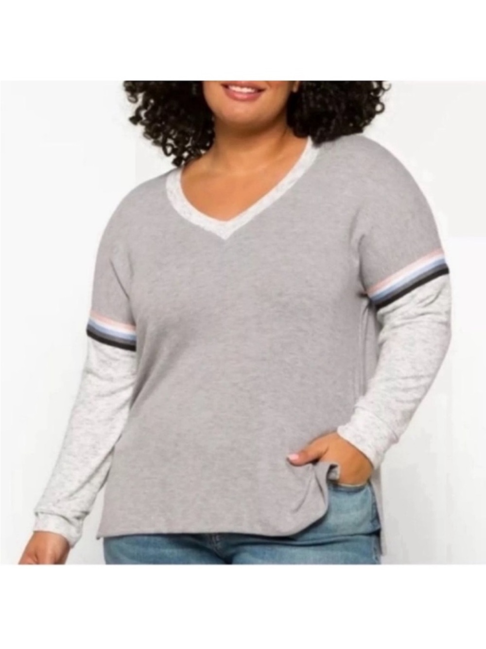 Michael Stars Jovy V Neck Arm Stripe Knit Top sweatshirt Sz 1X Gray Soft